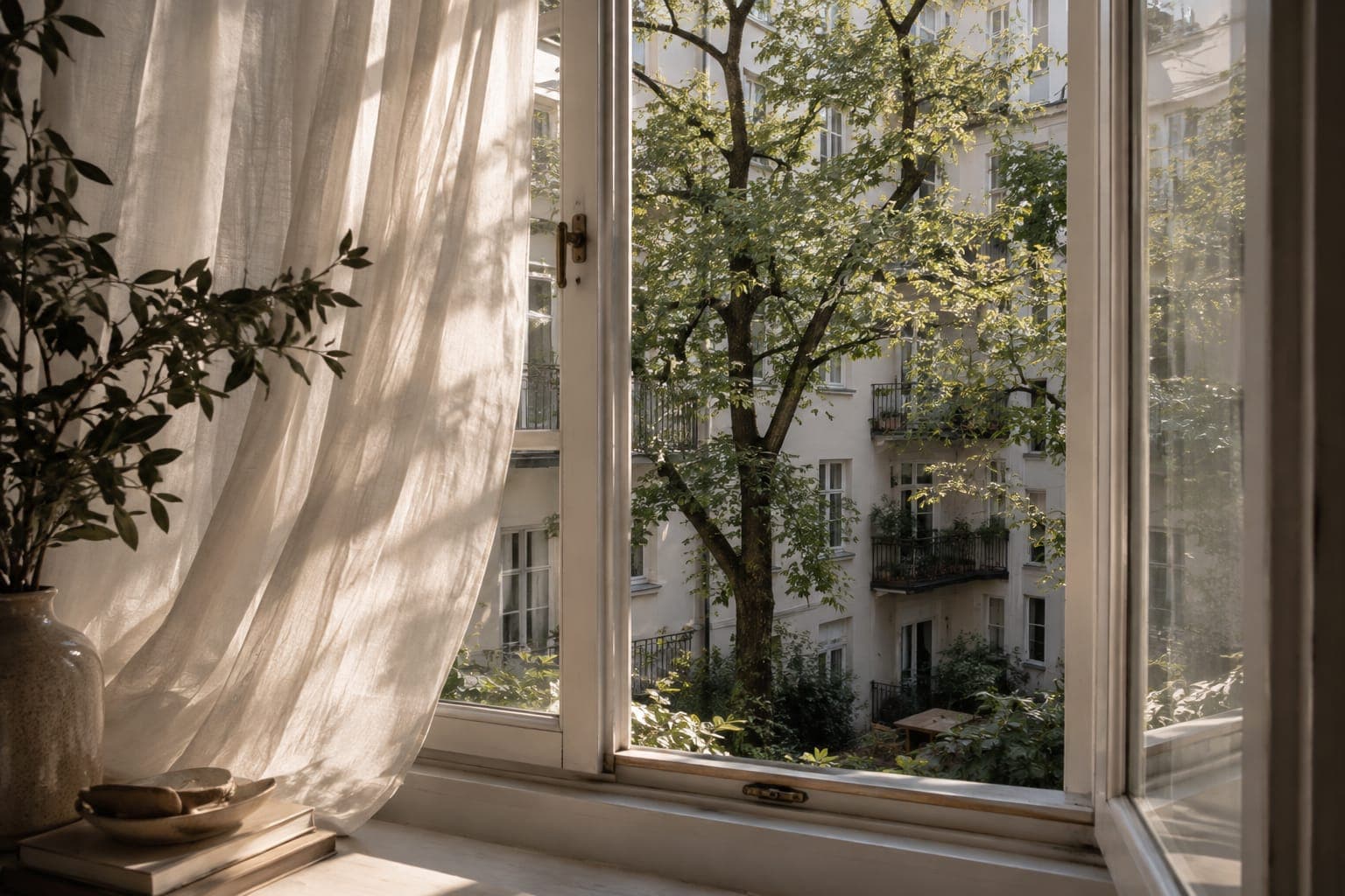 Geöffnetes Fenster mit Leinenvorhang, Blick auf einen grünen Berliner Hinterhof – Ort für ein Beratungsgespräch