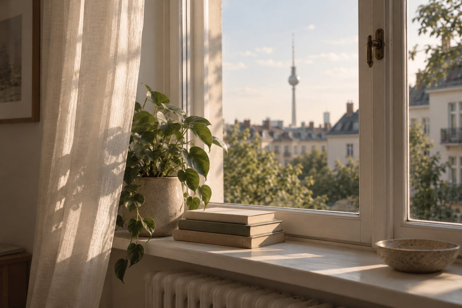 View from a period-apartment window over Berlin rooftops and the TV tower – English-language psychological counselling in Berlin