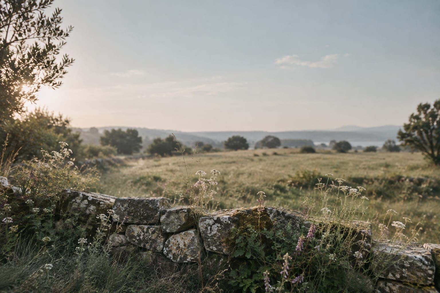 Old dry-stone wall between meadows in morning light – setting boundaries