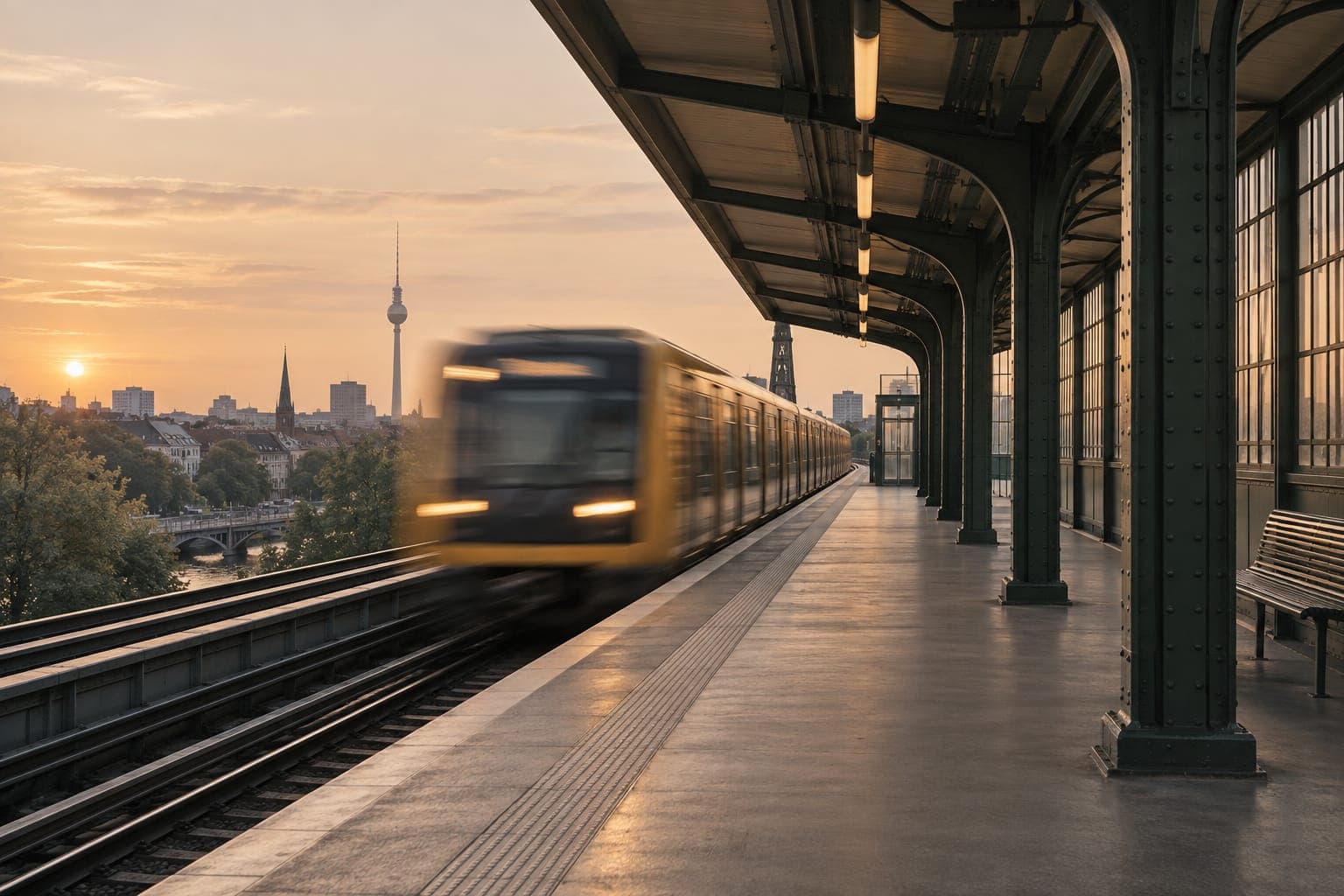 Einfahrende U-Bahn an einem Berliner Hochbahnsteig im Abendlicht, der Fernsehturm im Hintergrund – Phasen der Veränderung