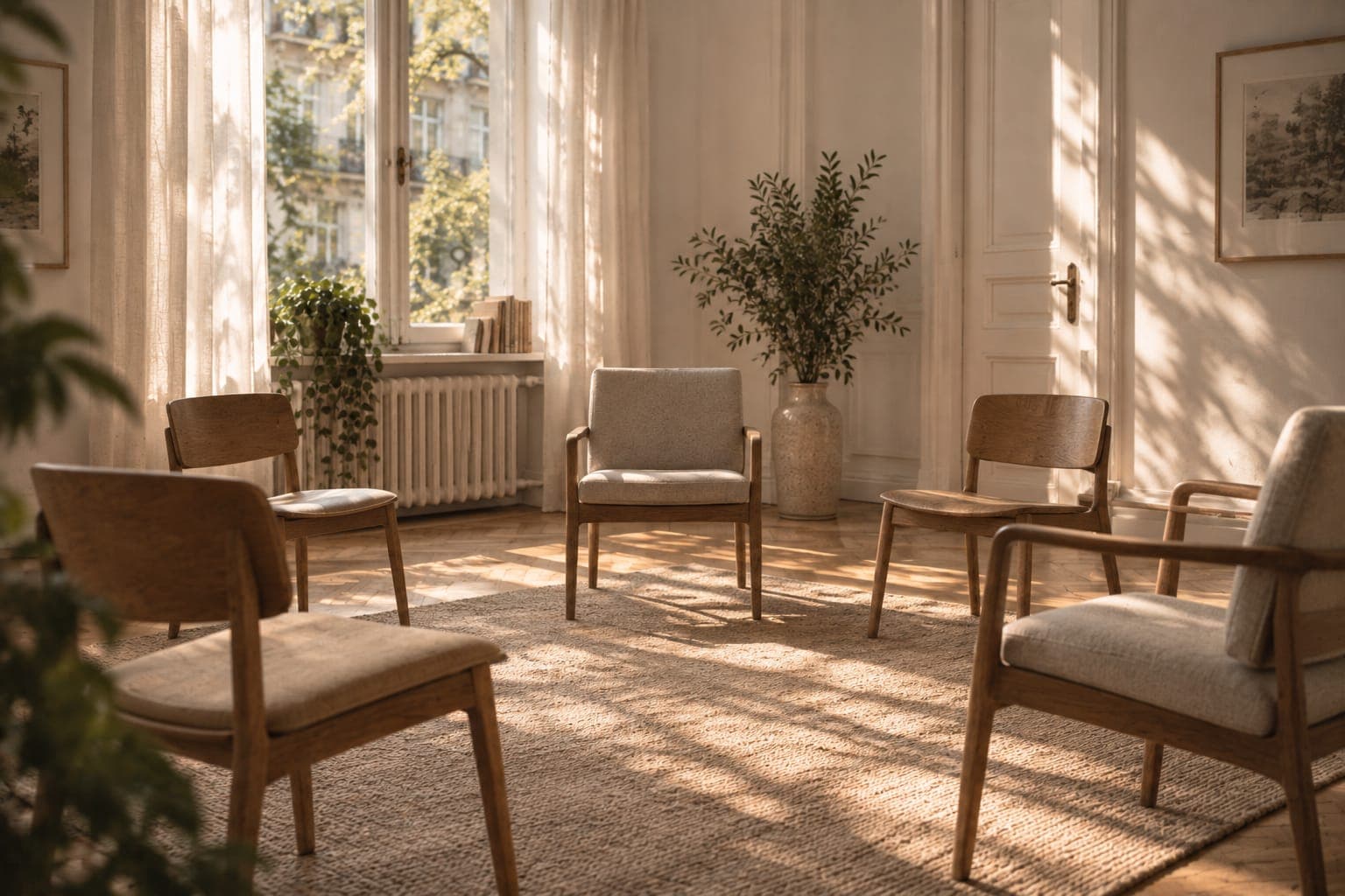 Stuhlkreis in einem hellen Raum – Setting für eine ACT Gruppen-Session in Berlin