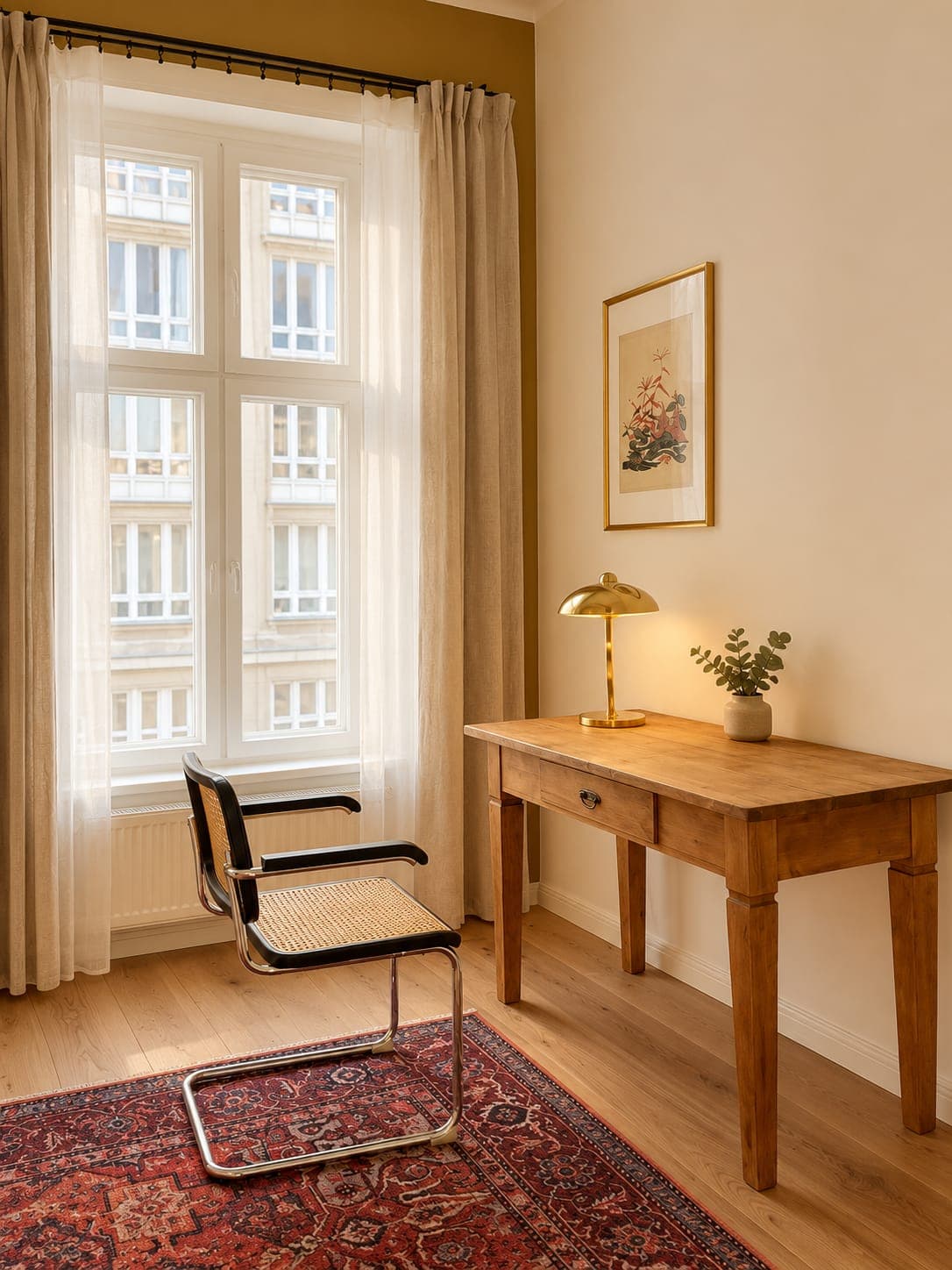 Holzschreibtisch mit Messinglampe am Altbaufenster der Praxis