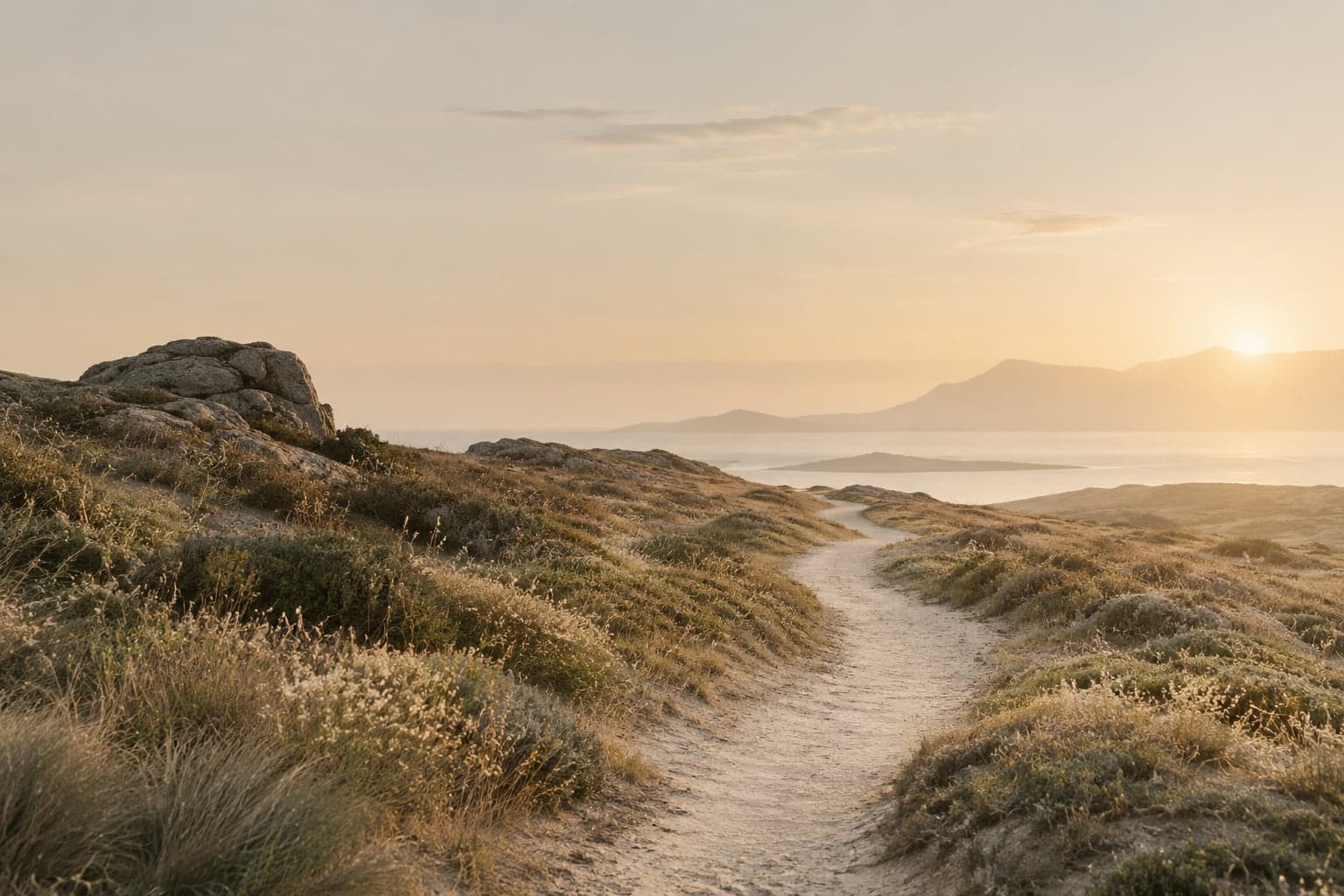 Ein Weg durch Dünengras zur untergehenden Sonne – ein Bild für den Weg durch die sechs ACT-Prozesse